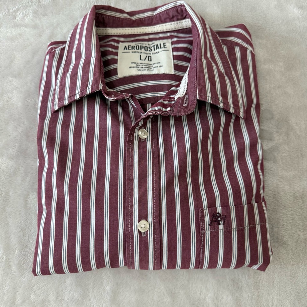 Aeropostale Burgundy Striped Long Sleeve Button Up Shirt Mens Large‎ L